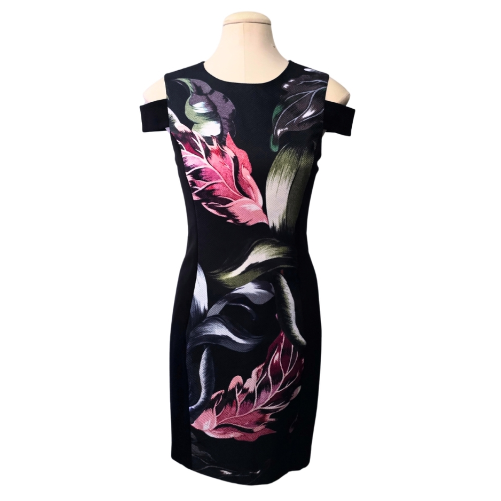 Black Floral Cold-Shoulder Sheath Dress